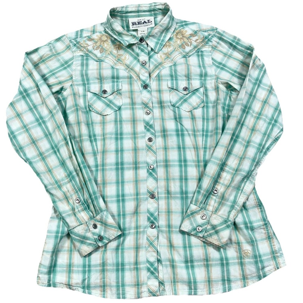Ariat Shirt Women Large Green Plaid Pearl Snap Real Western Yoke Embroidered